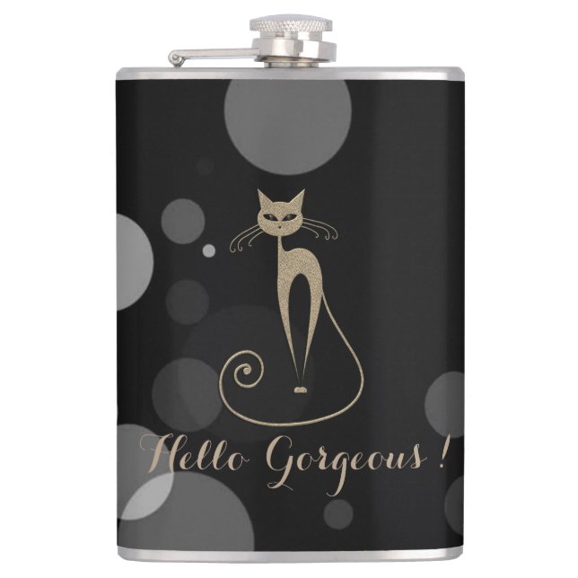 Grey Dots On Black Background,Cat,Hello Gorgeous Hip Flask (Front)