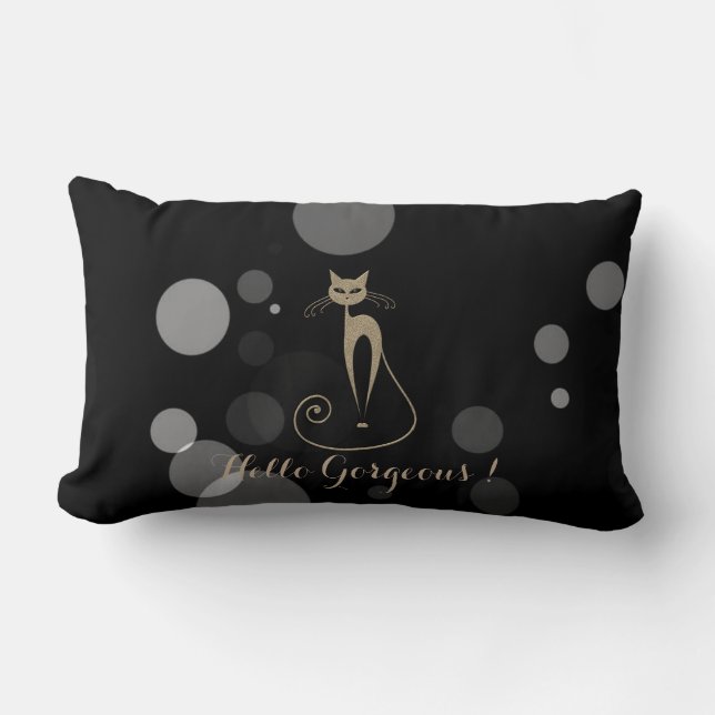 Grey Dots On Black Background,Cat,Hello Gorgeous Lumbar Pillow (Front)