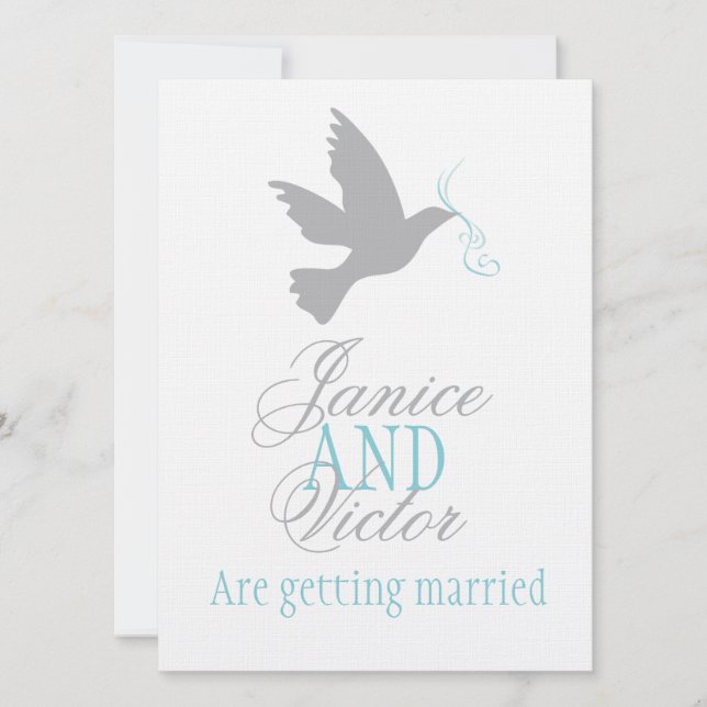 Grey dove blue ribbon formal couple wedding invite (Front)