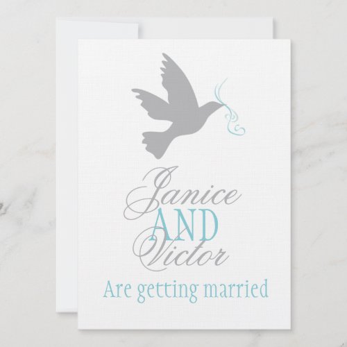 Grey dove blue ribbon formal couple wedding invite