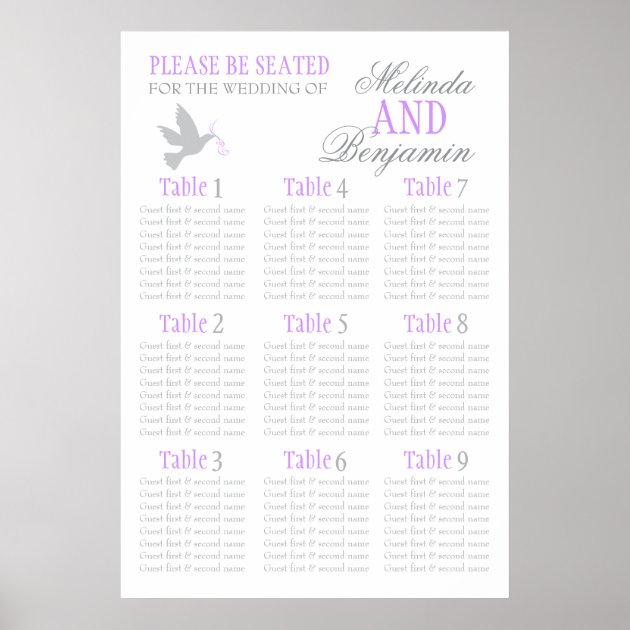 Grey Dove Purple Wedding Seating Table Planner 1-9 Poster