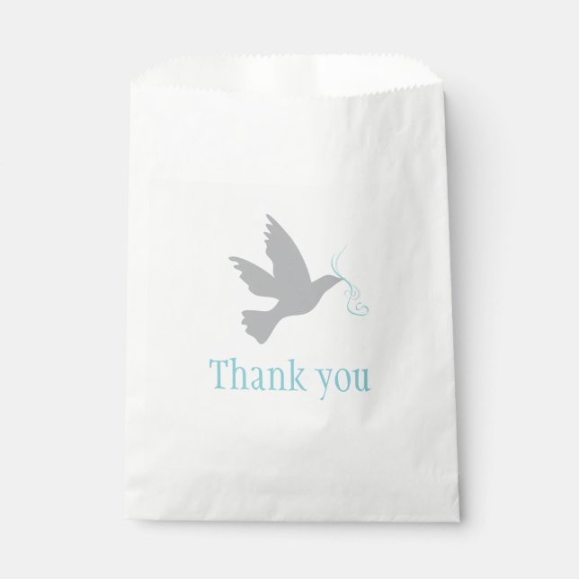 grey dove with blue ribbons wedding favor bag (Front)