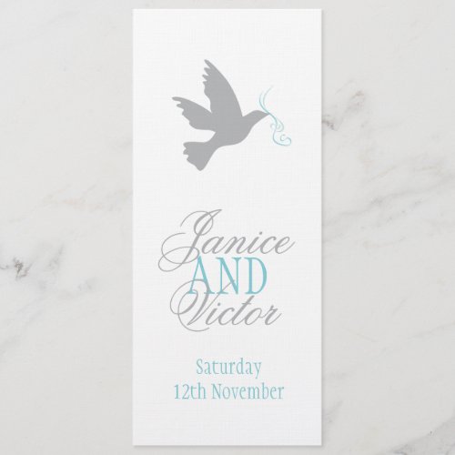 Grey dove with blue wedding dinner menu