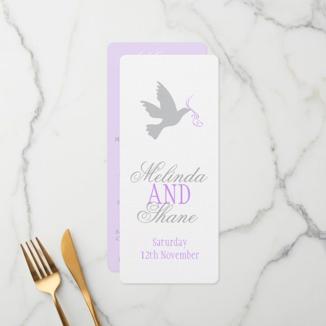 Grey dove with purple wedding dinner menu (Front/Back In Situ)