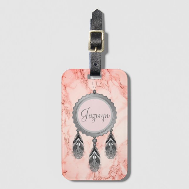  Grey Dreamcatcher on Pink Marble Personalized Luggage Tag (Front Vertical)