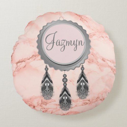  Grey Dreamcatcher on Pink Marble Personalized Round Pillow