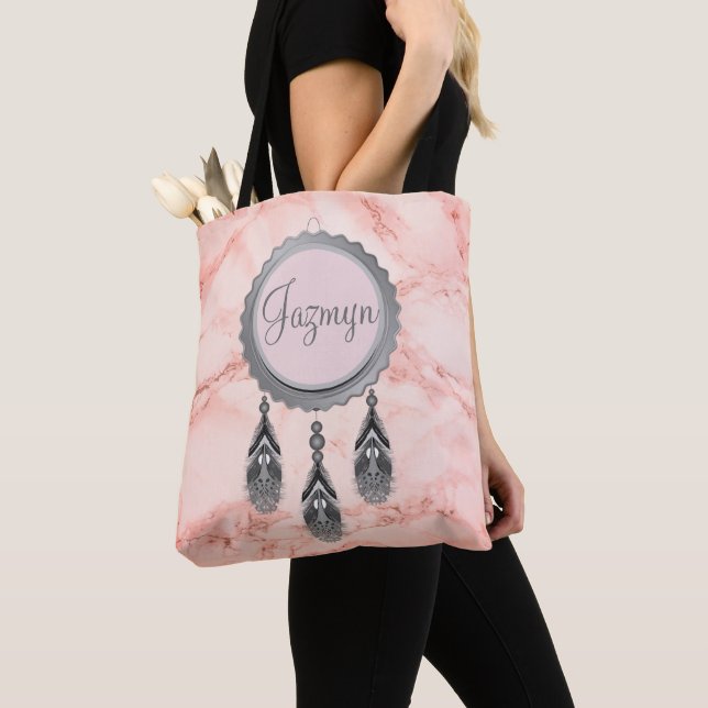  Grey Dreamcatcher on Pink Marble Personalized Tote Bag (Close Up)