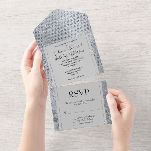Grey Dreamy Glitzy Silver Sparkle Wedding All In One Invitation