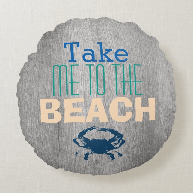 Grey Driftwood Beach Blue Crab Round Pillow (Front)