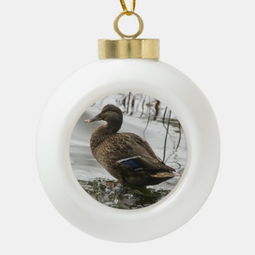 Grey duck on dark the lake ceramic ball christmas ornament