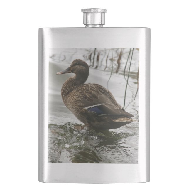 Grey duck on dark the lake flask (Front)
