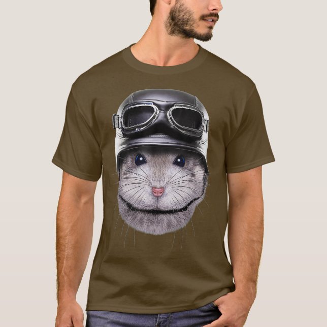 Grey Dwarf Hamster Biker wearing Motorcycle T-Shirt (Front)