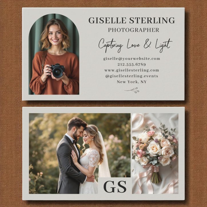 Grey Earthtone Elegant Photo Script Professional Business Card