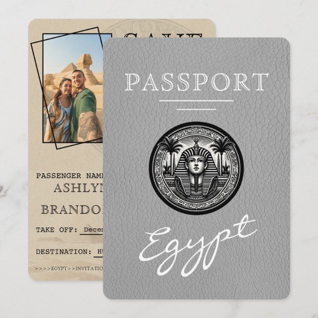 Grey Egypt Passport Wedding Save the Date (Front/Back)