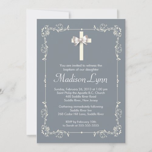 Grey Elegant Baptism | Christening Elegant Cross Custom Invite