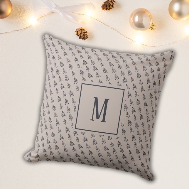 Grey Elegant Christmas Trees Blue Monogram Throw Pillow (Creator Uploaded)