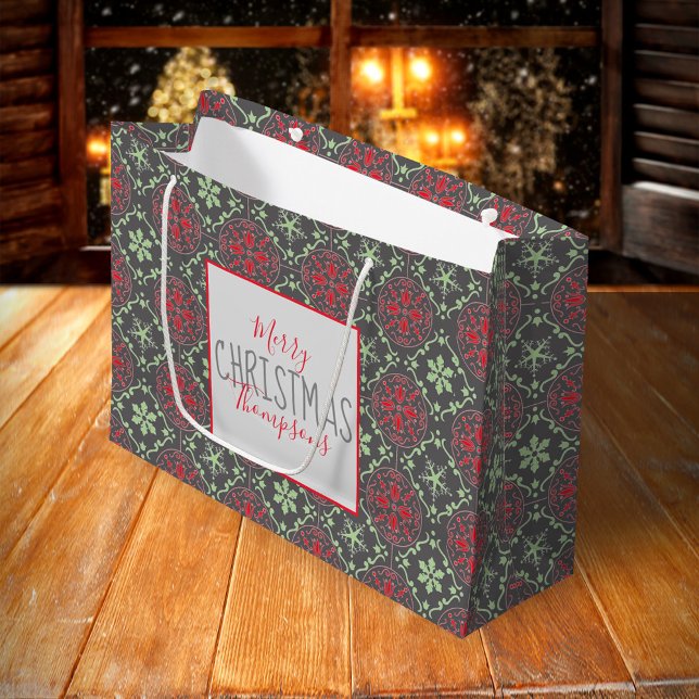 Grey Elegant Nordic Winter Snowflake Trendy Large Gift Bag (Merry Christmas holiday red and green snowflake pattern large gift bag)