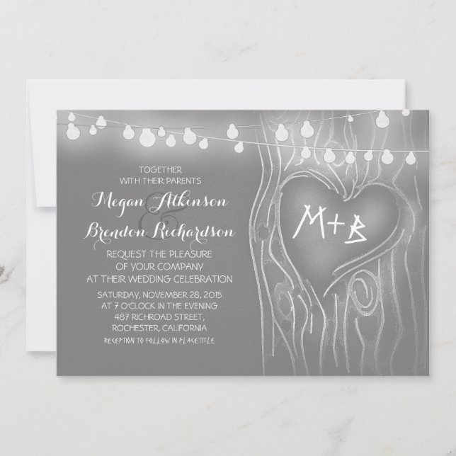 Grey elegant string lights tree romantic wedding invitation (Front)