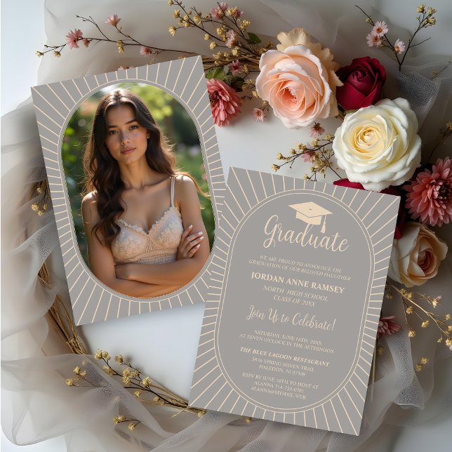 Grey Elegantly Vintage Oval Graduate Cap Photo Invitation (Grey Elegantly Vintage Oval-Shape Graduate Cap Invitations Cards with Back Photo.)