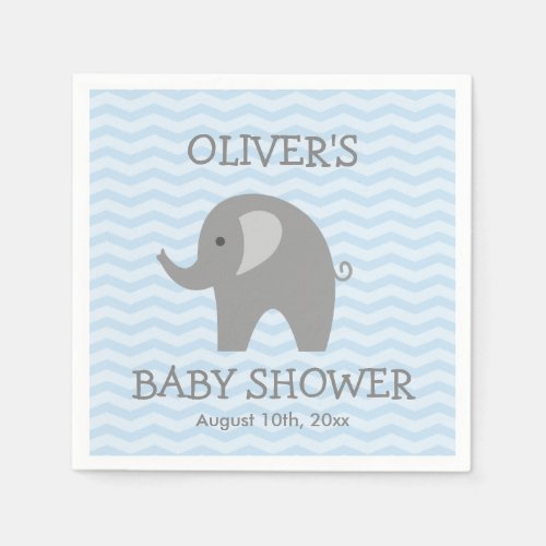 Grey elephant and blue chevron baby shower napkins
