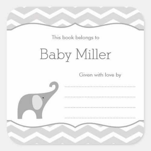 Grey Elephant Baby Shower Bookplate neutral Square Sticker