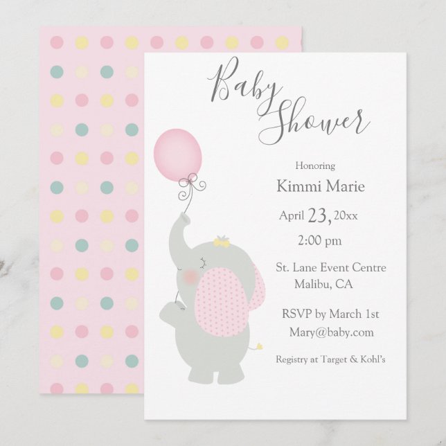 Grey Elephant Balloon Minimalistic Baby Shower Invitation (Front/Back)