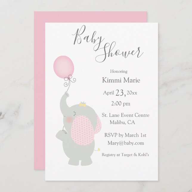 Grey Elephant BalloonMinimalistic Cute Script Invitation (Front/Back)