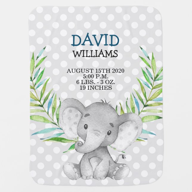 Grey Elephant Boy Birth Stats Safari Jungle Cute Baby Blanket (Front)