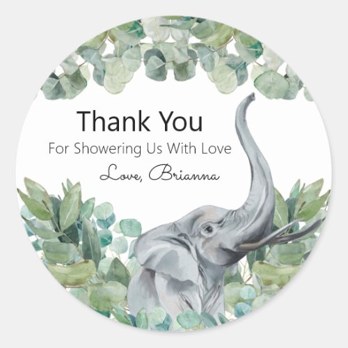 Grey Elephant Greenery Baby Shower Thank You Classic Round Sticker