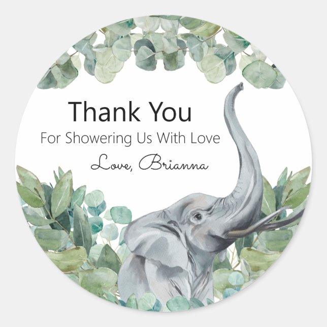 Grey Elephant Greenery Baby Shower Thank You Classic Round Sticker (Front)