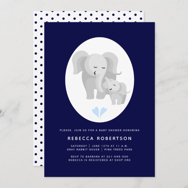 Grey elephant mother& baby boy shower navy blue invitation (Front/Back)