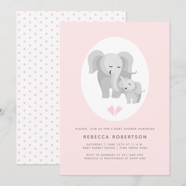 Grey elephant mother& baby boy shower pink invitation (Front/Back)