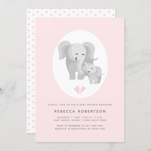 Grey elephant mother baby boy shower pink invitation