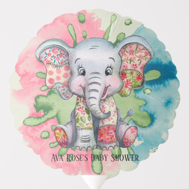 Grey Elephant Sewn Floral Patchwork Baby Shower Balloon (Front)