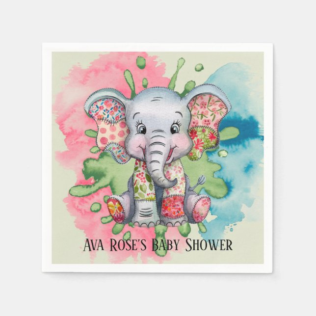 Grey Elephant Sewn Floral Patchwork Baby Shower Napkins (Front)