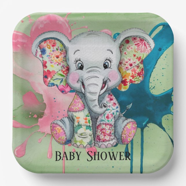 Grey Elephant Sewn Floral Patchwork Baby Shower Paper Plates (Front)