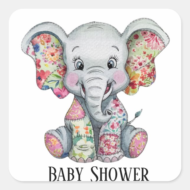Grey Elephant Sewn Floral Patchwork Baby Shower Square Sticker (Front)