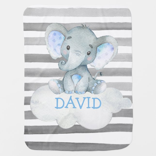 Grey Elephant Watercolor ZOO Baby Name Cute Blanket (Front)