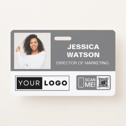 Grey Employee Name Badge with Logo and QR Code
