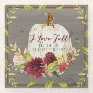 Grey Fall Burgundy Floral Home Decor Pumpkin Glass Coaster