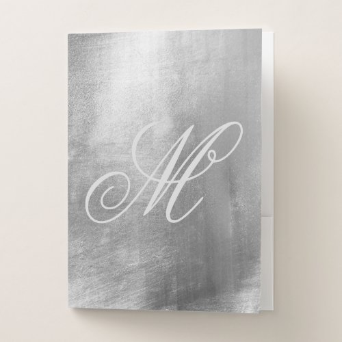 Grey Fancy Monogram Shiny Faux Silver Foil Pocket Folder