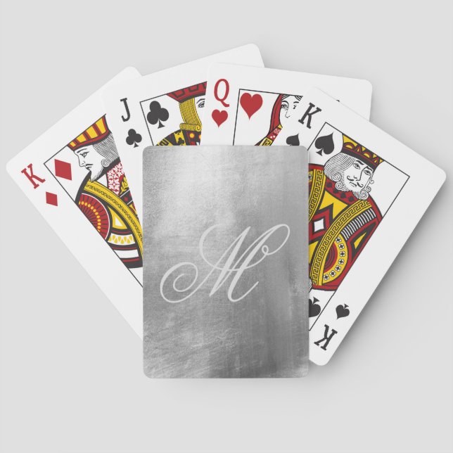 Grey Fancy Monogram Shiny Faux Silver Foil Poker Cards (Back)