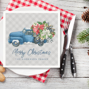 Grey Farmhouse Plaid Vintage Blue Christmas Truck Napkins