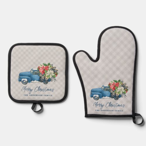 Grey Farmhouse Plaid Vintage Blue Christmas Truck Oven Mitt  Pot Holder Set