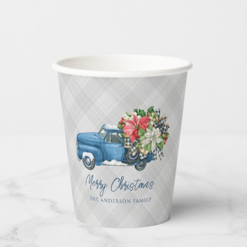 Grey Farmhouse Plaid Vintage Blue Christmas Truck Paper Cups