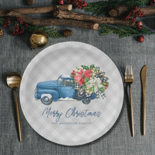 Grey Farmhouse Plaid Vintage Blue Christmas Truck Paper Plates