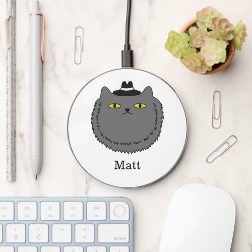 Grey Fat Cat Hat Name Initial Wireless Charger