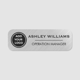 Grey Faux Steel Add Logo Employee Staff Name Tag