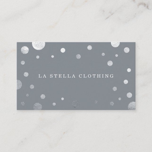 Grey Feminine Chic Silver Confetti Polka Dot Business Card (Front)