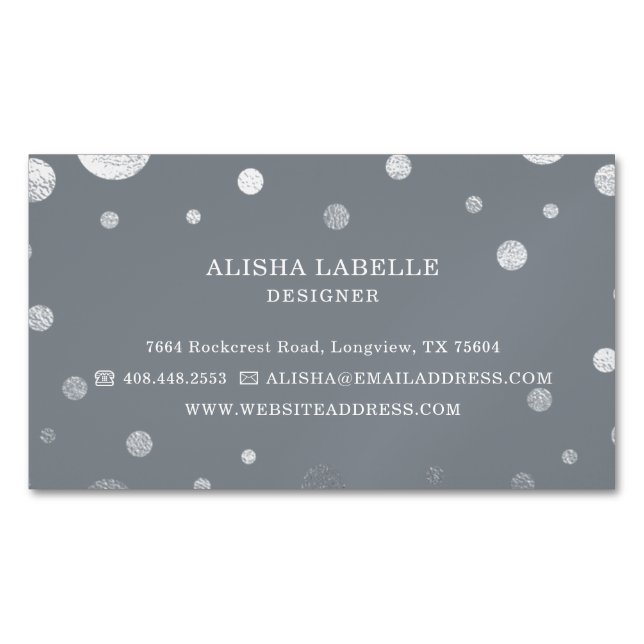 Grey Feminine Chic Silver Confetti Polka Dot Business Card Magnet (Front)